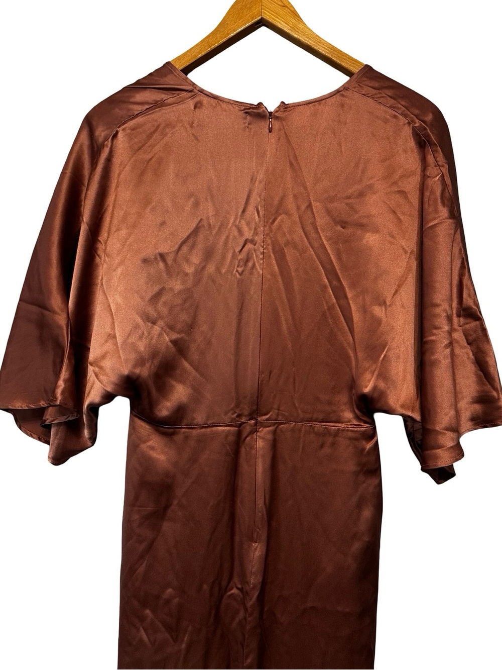 Reformation Silk Deep V Maxi Dress SZ 4 Rust Brown Satin Flutter Sleeve Slip - Picture 8 of 15
